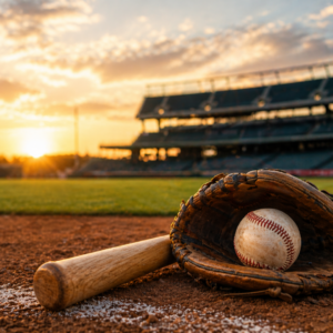 Baseball glove, bat, and ball on a field at sunset representing preparation and teamwork in NISPOM security compliance